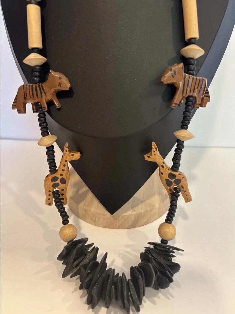 Vintage Hand Painted Wood Safari Animal Necklace Giraffe Tiger Bead Folk Art 30”